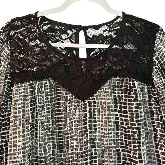 ALYX Top Tunic Blouse Black 1X Geometric Crochet Neck Long Peasant Sleeve Sheer - Picture 2 of 10